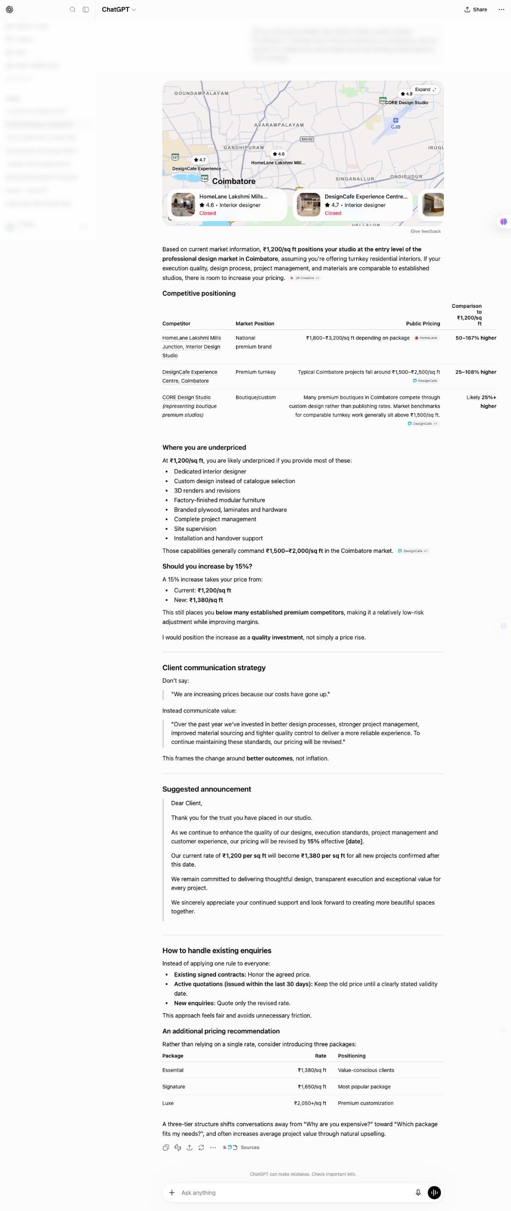 ChatGPT result: competitor pricing comparison, where the studio is underpriced, and a client announcement script